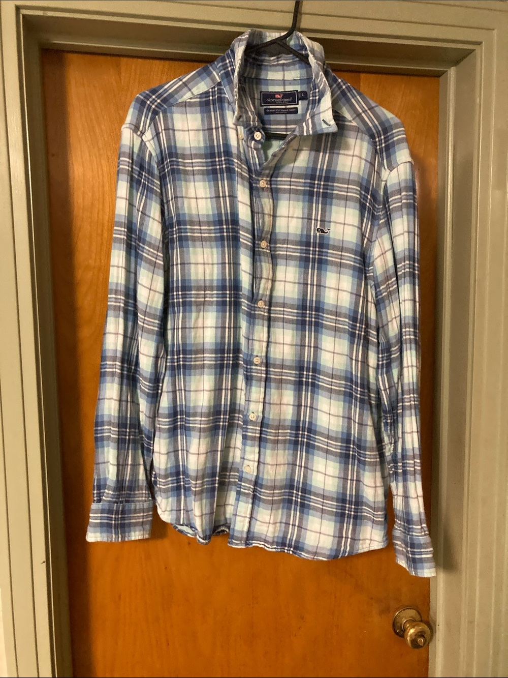 Vineyard Vines Classic Fit Whale Shirt 100% Cotton Blue Plaid Size Large